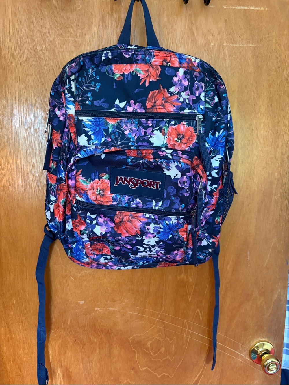 Jansport Navy Floral Backpack with Red & Purple Blooms